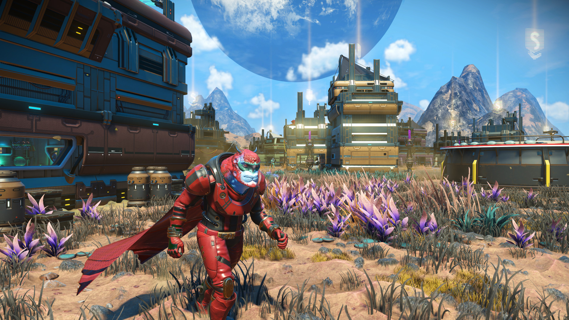 an alien in a cape skulks about a settlement on a dusty alien world