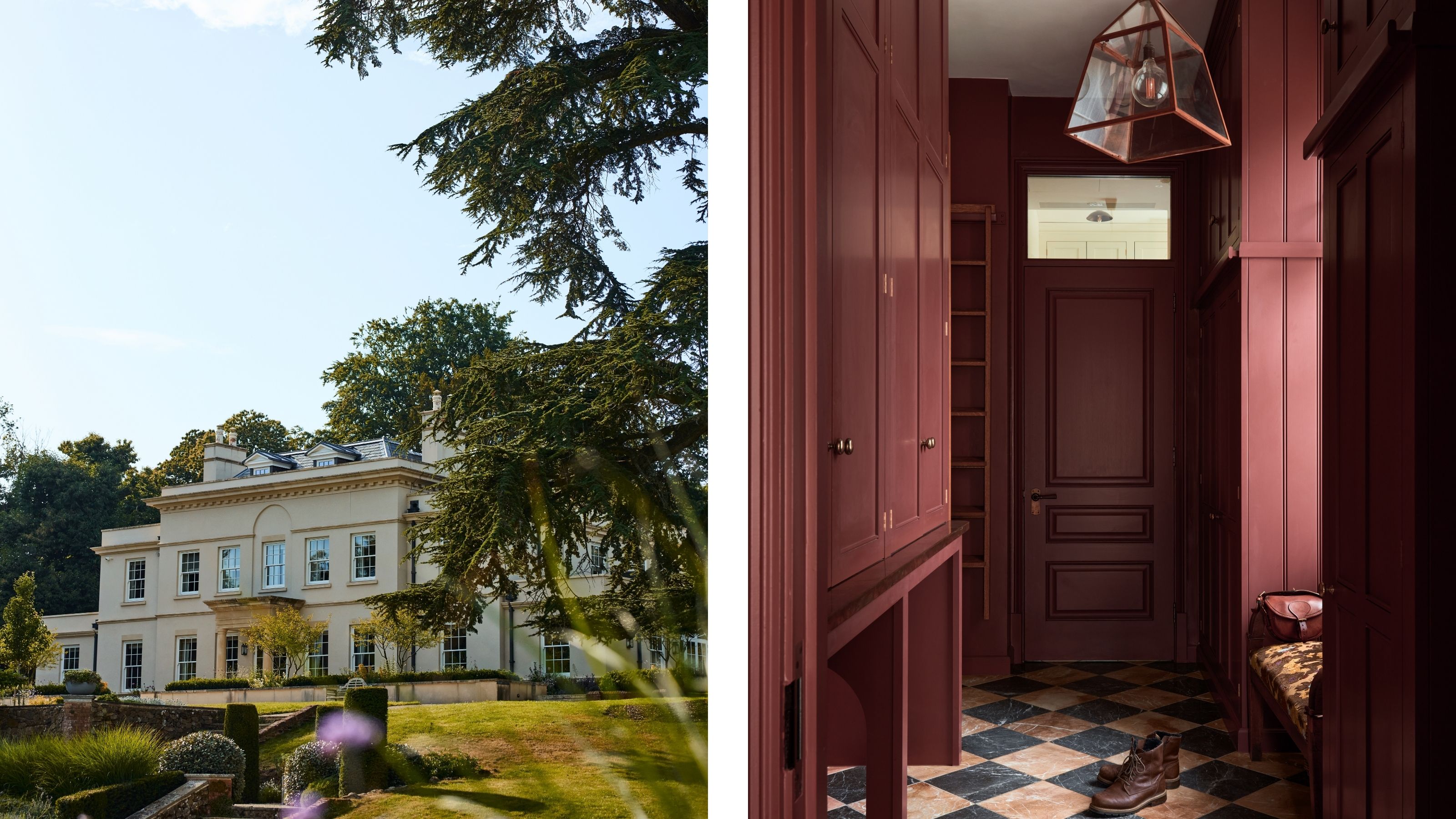 two side by side images of a grand English country home with a burgundy red painted entry