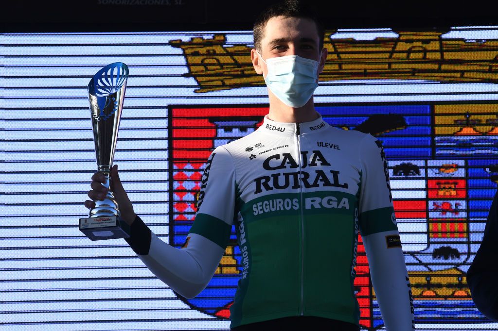 ROQUETAS DE MAR SPAIN FEBRUARY 14 Podium Oier Lazkano Lopez of Spain and Team Caja RuralSeguros RGA Intermediated Sprint Trophy Celebration during the 34th Clsica de Almeria 2021 a 1833km race from Pueblo de Vicar to Roquetas de Mar ClasicaAlmeria21 on February 14 2021 in Roquetas de Mar Spain Photo by Tim de WaeleGetty Images