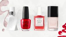 Budget to Blowout Nail Polishes (L-R) from essie, OPI, Manucurist and Chanel, on a white marble background with pink and red nail polish swatches