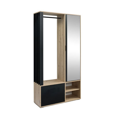 wooden hall tree with mirror and shoe storage