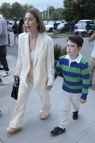 Jessica Biel and her son Silas Timberlake attend day four of the 2024 US Open Tennis Championships at the USTA Billie Jean King Tennis Center on August 29, 2024 in Flushing Meadows, Queens, New York City.