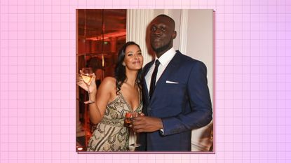 Maya Jama and Stormzy posing together at the Elle Style Awards 2017 on February 13, 2017 in London, England./ in a pink and purple template