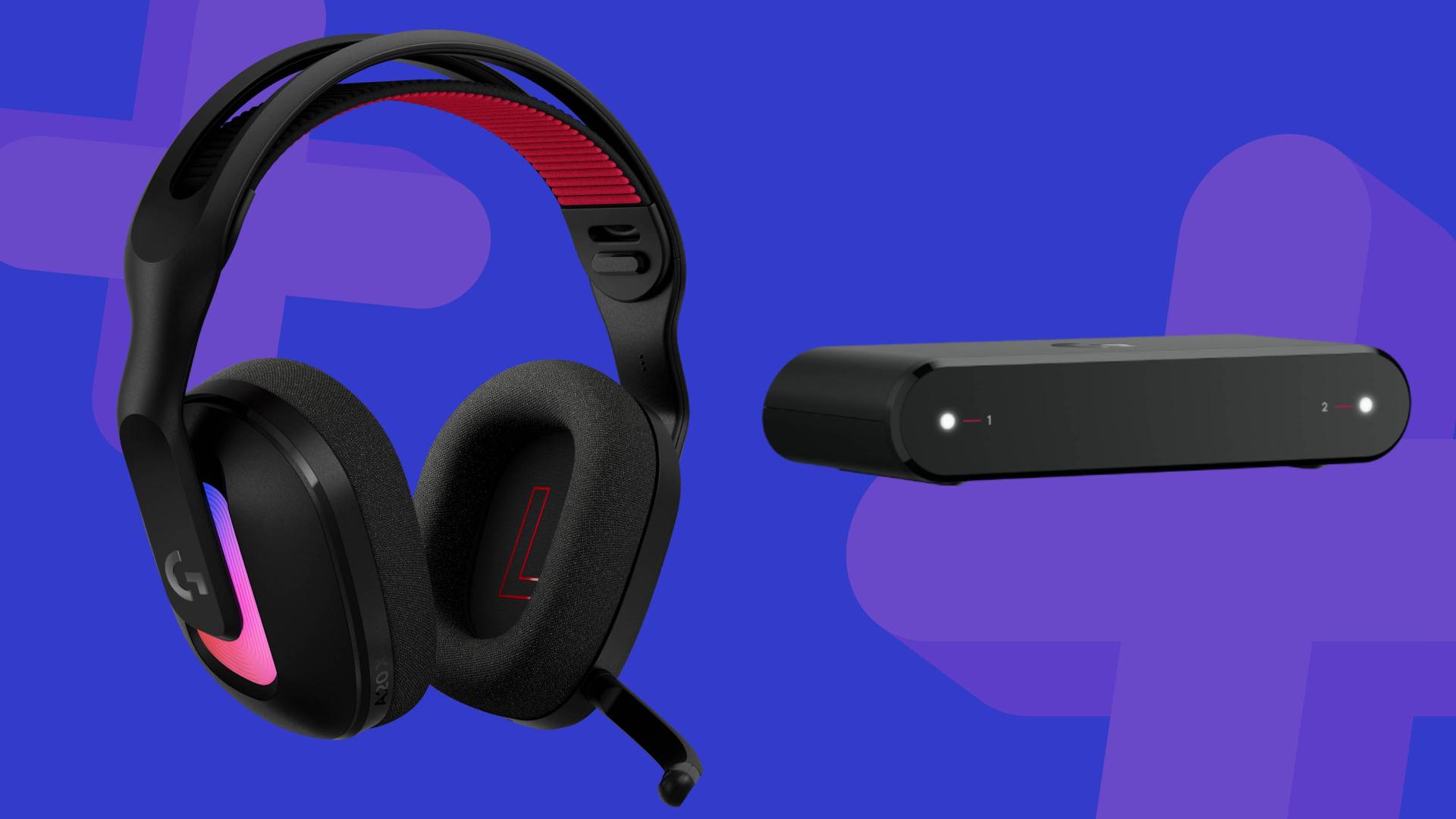 Image of the Midnight Black Logitech A20 X headset and a base station on a blue GamesRadar+ background.