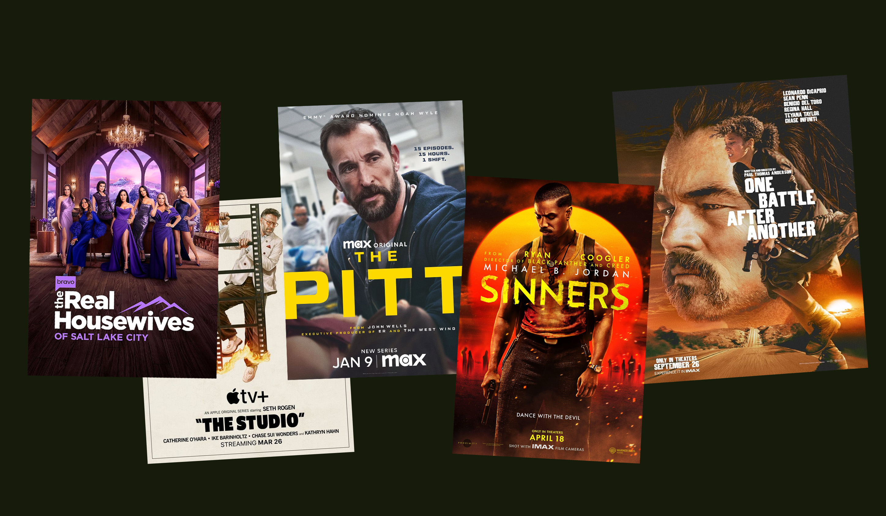 collage of TV and film: Real Housewives, The Pitt, The Studio, Sinners, and One Battle After Another