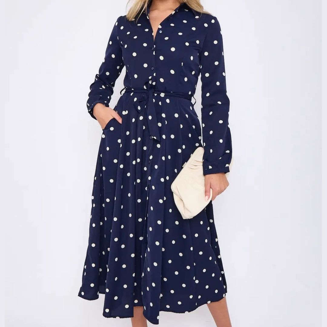 Love Sunshine Navy Polka Dot Midaxi Shirt Dress
