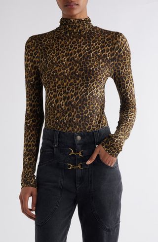 Joyela Leopard Print Stretch Jersey Turtleneck Top