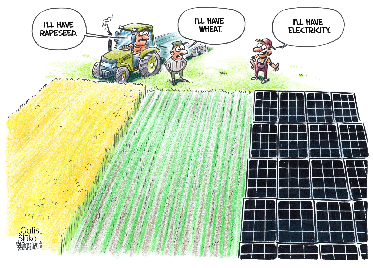 Three farmers look at their land, which has been divided into three sections. The first is in a tractor and says, &amp;ldquo;I&amp;rsquo;ll have rapeseed.&amp;rdquo; The second says, &amp;ldquo;I&amp;rsquo;ll have wheat.&amp;rdquo; The third gestures to his field, which is filled with solar panels. He says, &amp;ldquo;I&amp;rsquo;ll have electricity.&amp;rdquo;