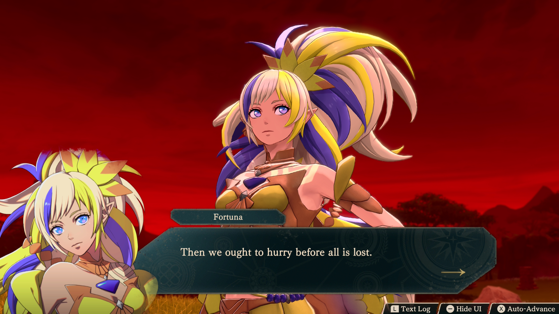 Fortuna looks to the side in Fire Emblem: Fortune's Weave