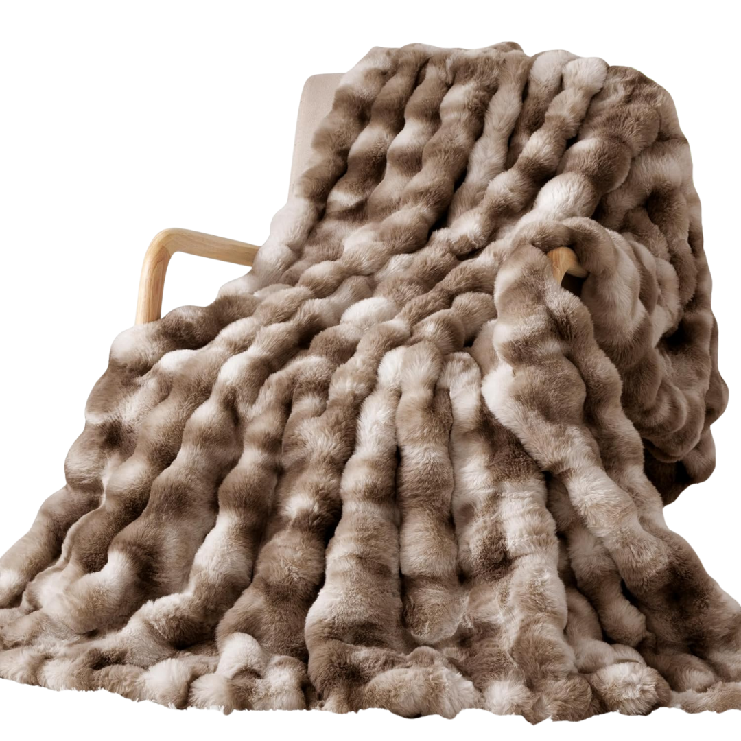 Touchat Luxury 1000gsm Faux Rabbit Fur Throw Blanket, Super Heavy Warm Cozy Brown Blankets for Couch Bed Sofa, Ruched Plush Fuzzy Elegant Soft Reversible Mink Blanket for Living Room Bedroom