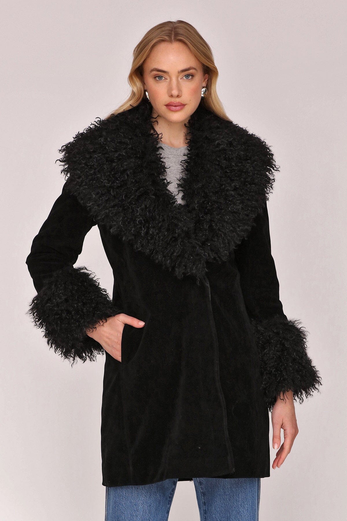 Mongolian Faux Fur Trimmed Faux Suede Coat - Black / Xs