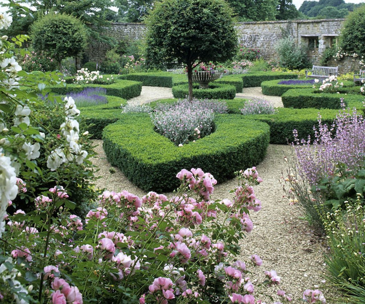 A garden with lots of rows of hedges and rose gardens