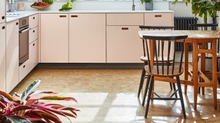 pink kitchen with cork floor