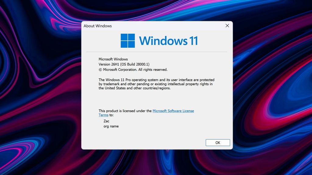 Windows 11 26H1 as denoted in winver