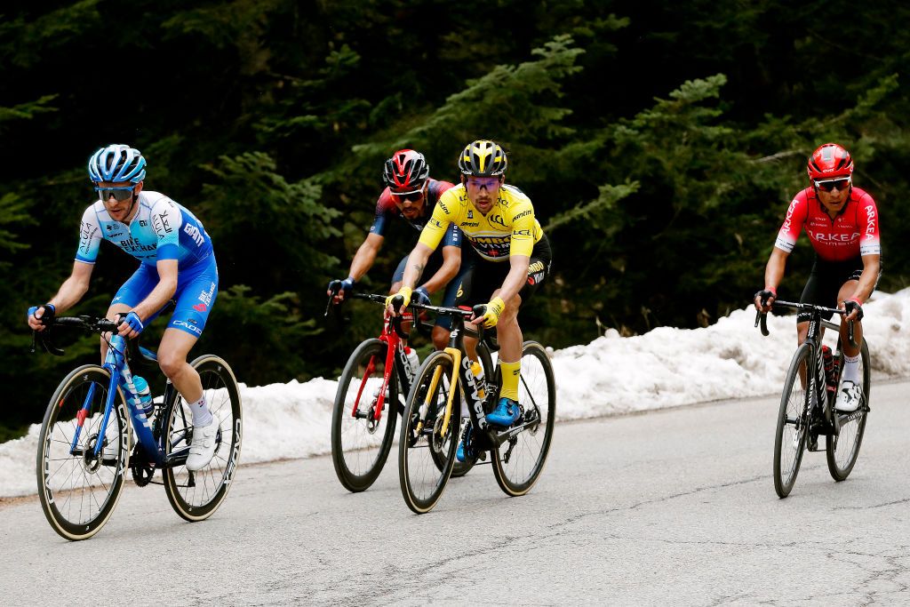 COL DE TURINI FRANCE MARCH 12 LR Simon Yates of United Kingdom and Team Bikeexchange Jayco Daniel Felipe Martinez Poveda of Colombia and Team INEOS Grenadiers Primoz Roglic of Slovenia and Team Jumbo Visma yellow leader jersey and Nairo Alexander Quintana Rojas of Colombia and Team Arka Samsic compete in the breakaway during the 80th Paris Nice 2022 Stage 7 a 1555km stage from Nice to Col de Turini 1605m ParisNice WorldTour on March 12 2022 in Col de Turini France Photo by Bas CzerwinskiGetty Images