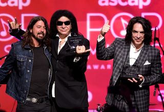 Dave Grohl presents Gene Simmons and Paul Stanley the ASCAP Founders Award at the 32nd Annual ASCAP Pop Music Awards in Hollywood, 2015