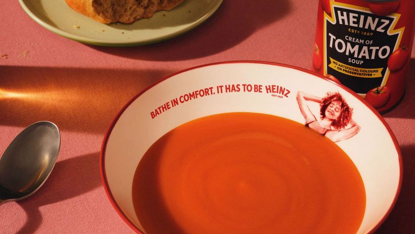 Heinz tomato soup campaign with illustrated people who look like they&#039;re having a bath in a bowl of soup