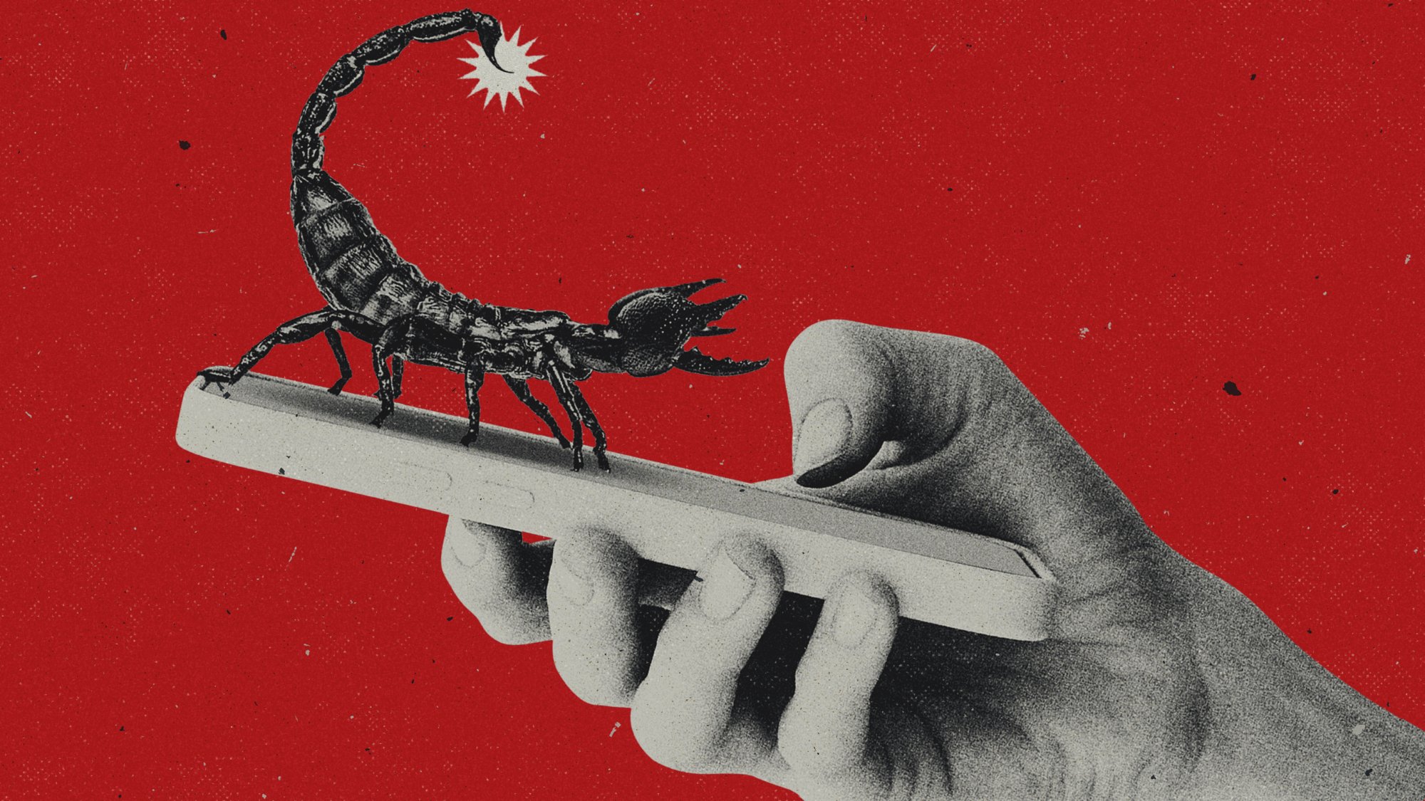 Illustration of a hand using a smartphone with a large scorpion poised on the screen