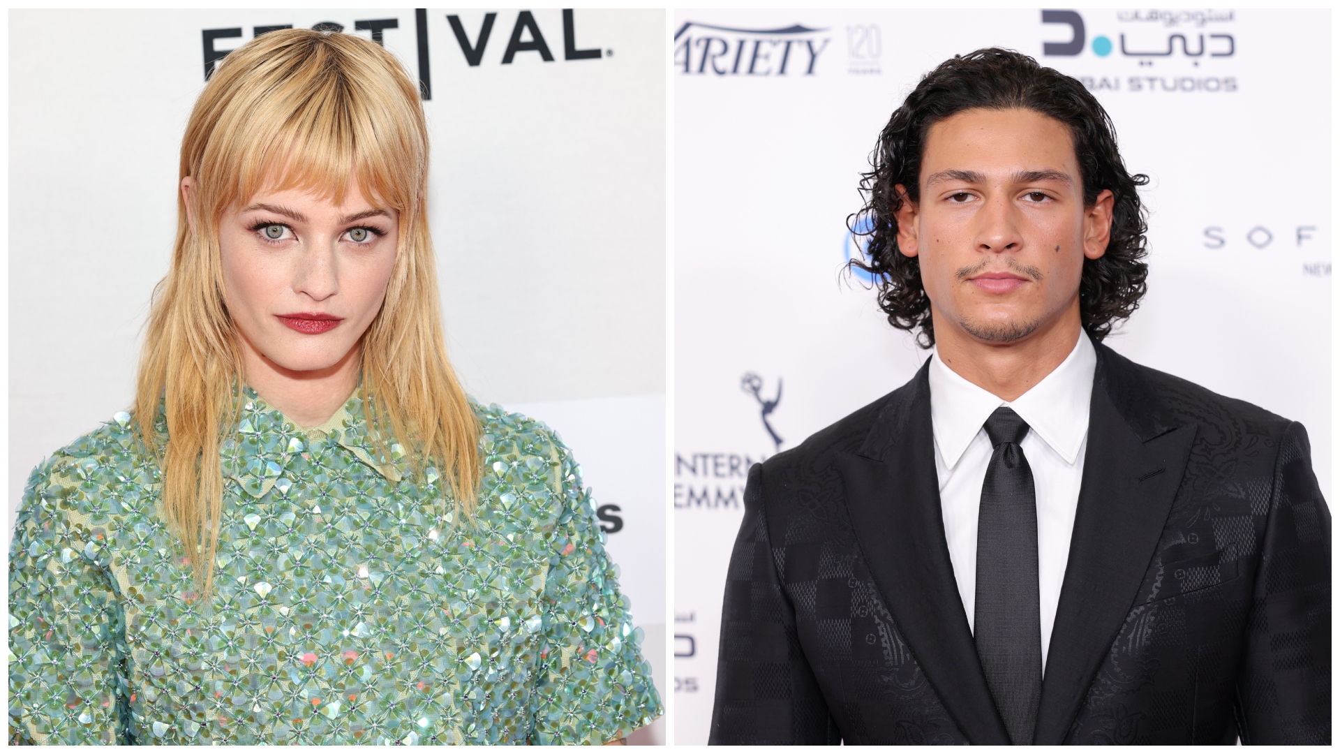 a split image of fourth wing stars esther mcgregor and emilio sakaraya posing on red carpets