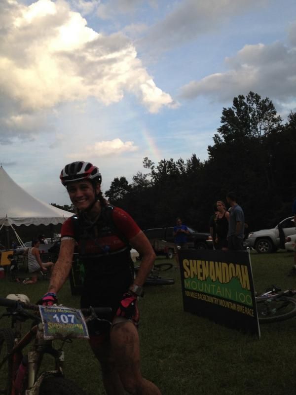 Emily McDonald shows the deep thigh bruise she got on Thursday. She wasn't very happy to have just landed on it again. But she did really like the rainbow behind her!