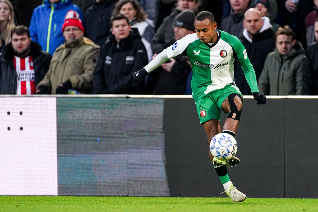 Igor Paixao of Feyenoord kicks the ball during the Dutch Eredivisie match between PSV and Feyenoord at Philips Stadion on December 22, 2024 in Eindhoven, Netherlands.