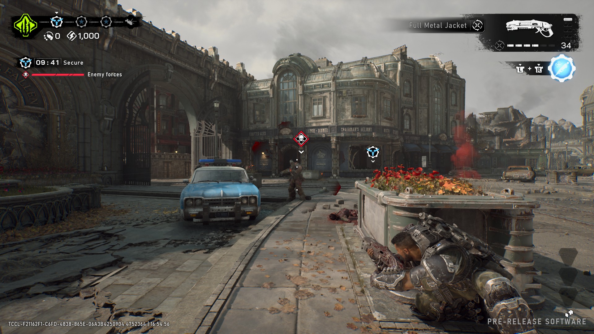 Dom in Gears of War: E-Day's Horde Siege mode takes cover from a locust