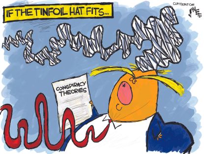 Political Cartoon U.S. Trump Conspiracy Theories Tinfoil Hat Club