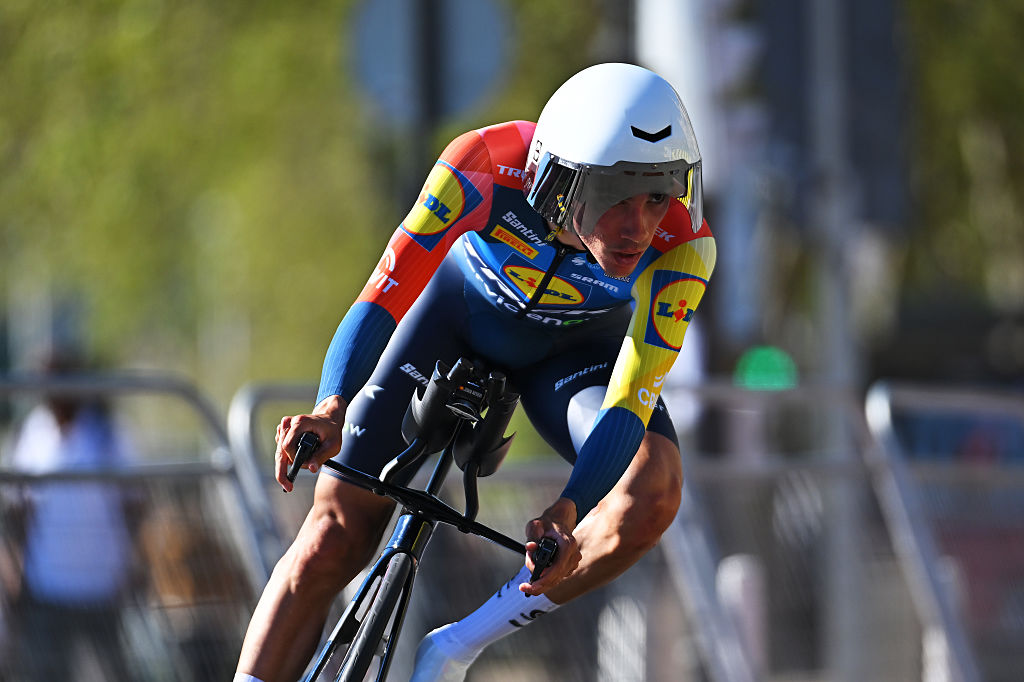 BILBAO, SPAIN - APRIL 06: Juan Ayuso of Spain and Team Lidl - Trek competes during the 65th Itzulia Basque Country 2026, Stage 1 a 13.8km individual time trial stage from Bilbao to Bilbao / #UCIWT / on April 06, 2026 in Bilbao, Spain. (Photo by Tim de Waele/Getty Images)