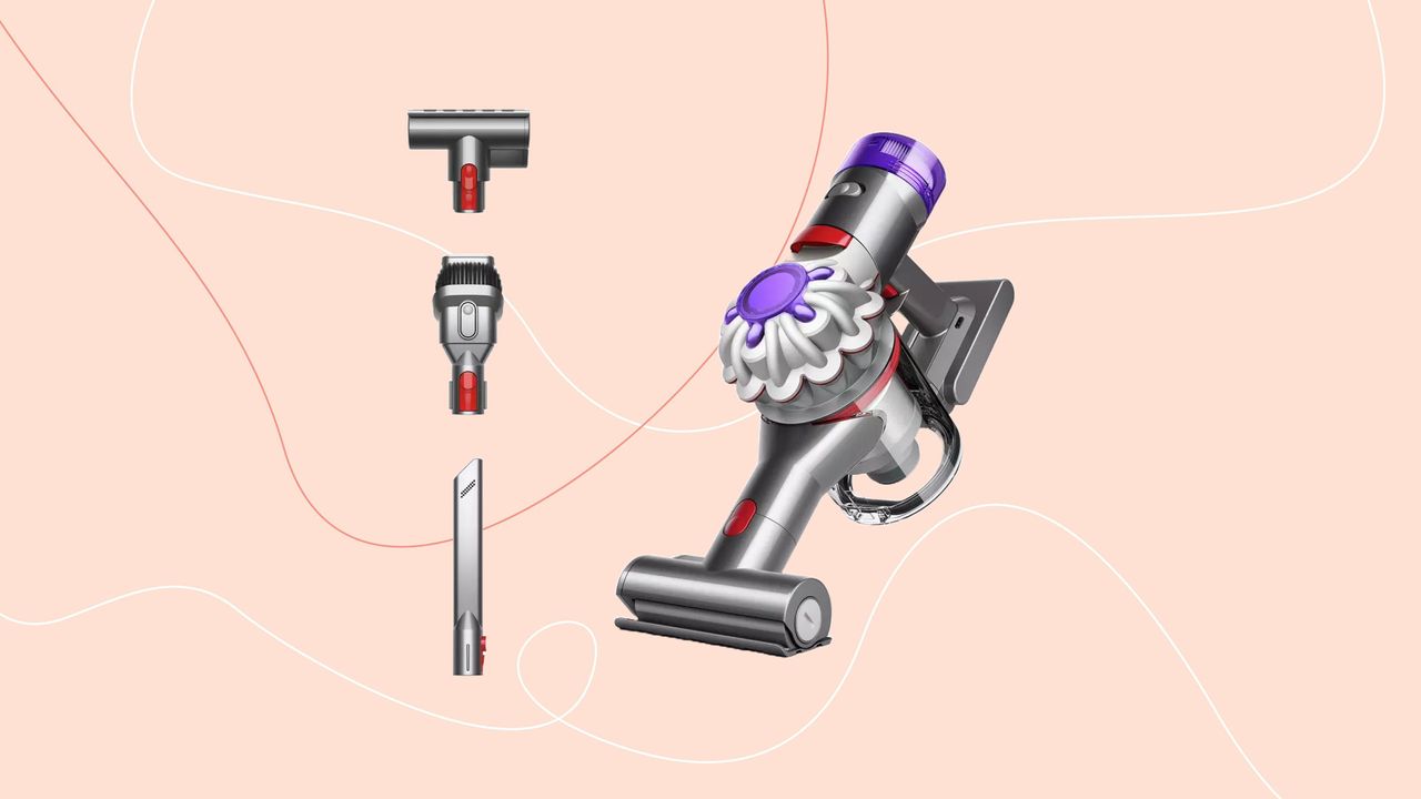 Dyson Car+Boat and accessories on a pink background