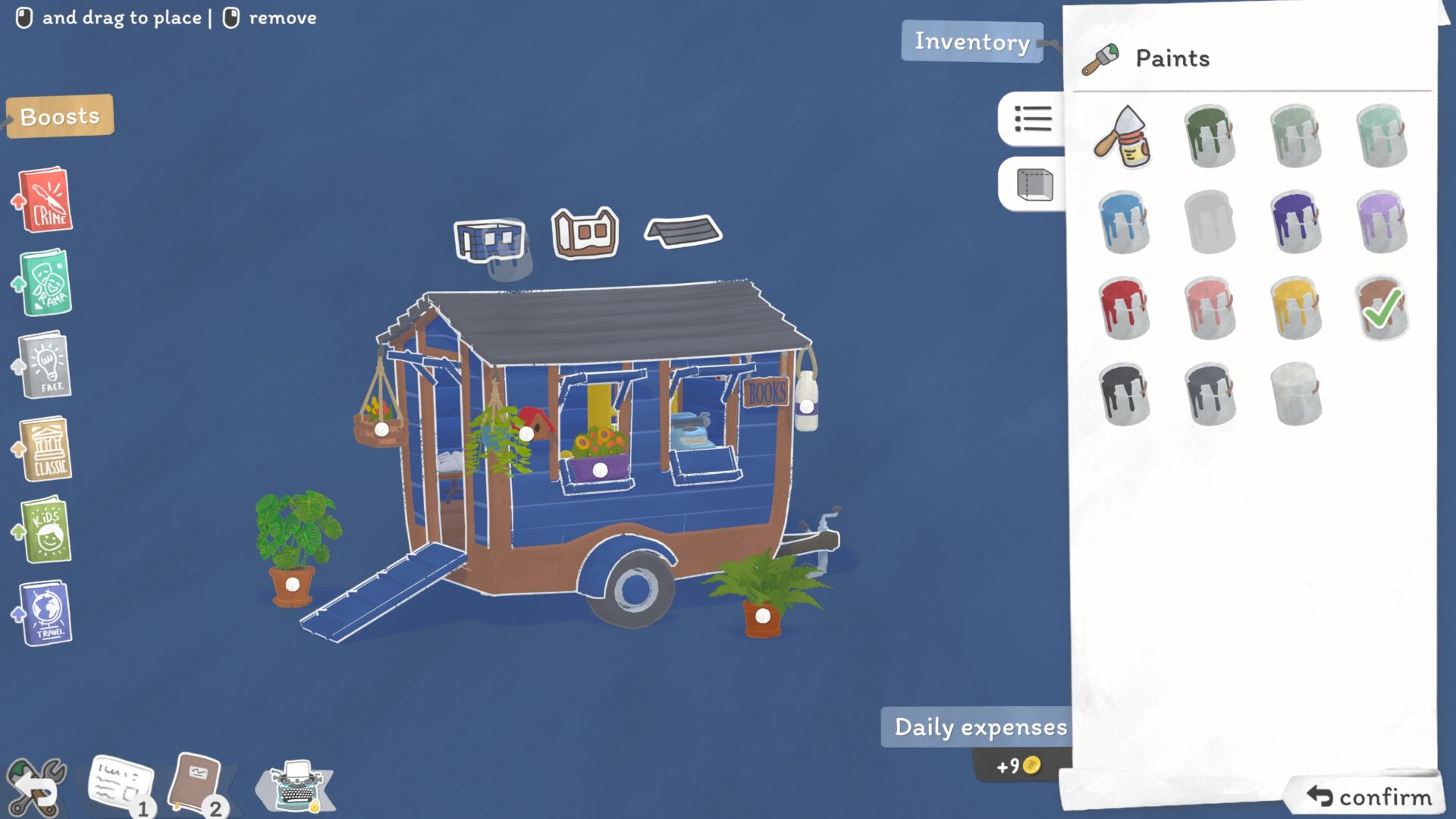 The screen for customizing your store in Tiny Bookshop. The wooden bookshop is centered with a few decorations like plants, a birdhouse, a sign, and hanging accessories. It's painted blue, brown, and black with other options to choose from on the right. 