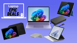 Black Surface Pro 11 with keyboard, Purple Surface Pro Copilot+ PC 2025, Silver Surface Laptop Studio 2, Blue Surface Pro Copilot+ PC 2025, Black Surface Thunderbolt Dock, and Silver Surface Arc mouse against blue gradient background.