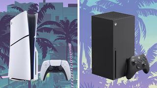 Games consoles on colourful backgrounds