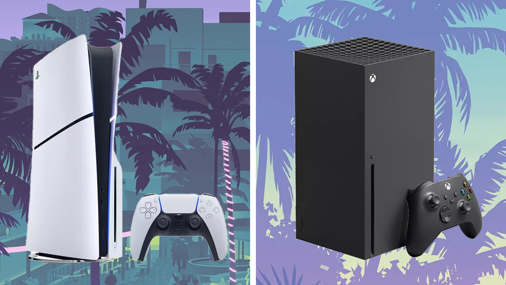 Games consoles on colourful backgrounds