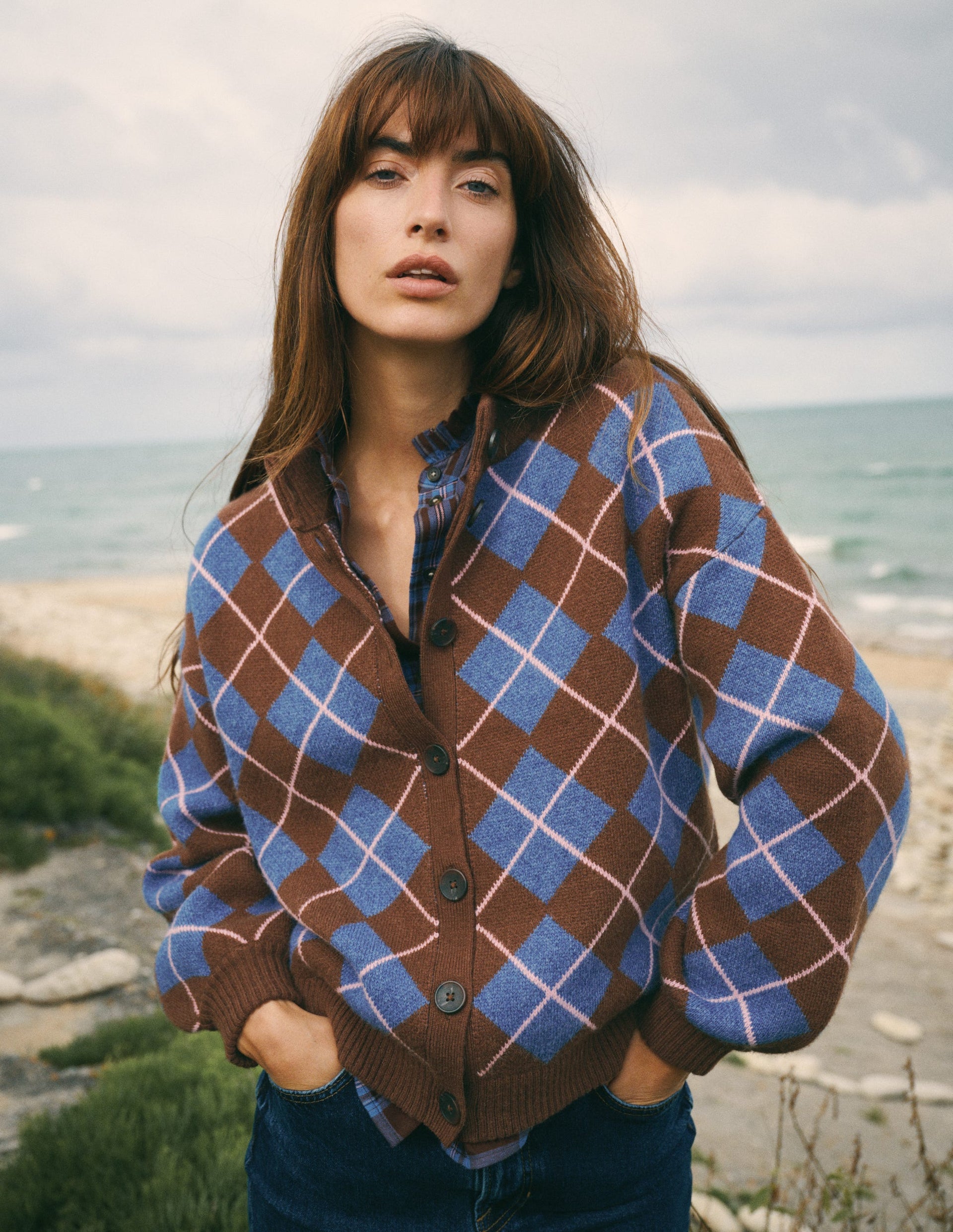 Jemma Jacquard Knit Cardigan-Raw Umber, Argyle