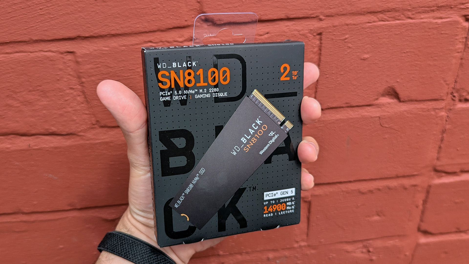 WD_BLACK SN8100 PCIe 5.0 NVMe SSD held against a red brick background