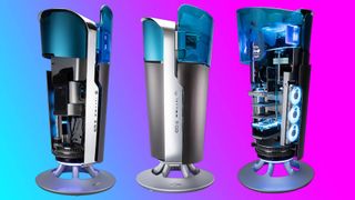 InWin's commemorative ChronoMancy PC case seen from three different angles in a blue-pink gradient void. The angle on the far-left and far-right expose the innards of the chassis, demonstrating how various PC parts sit inside the cylindrical shape of the case.
