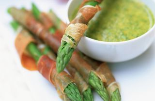 Ham wrapped asparagus with dip