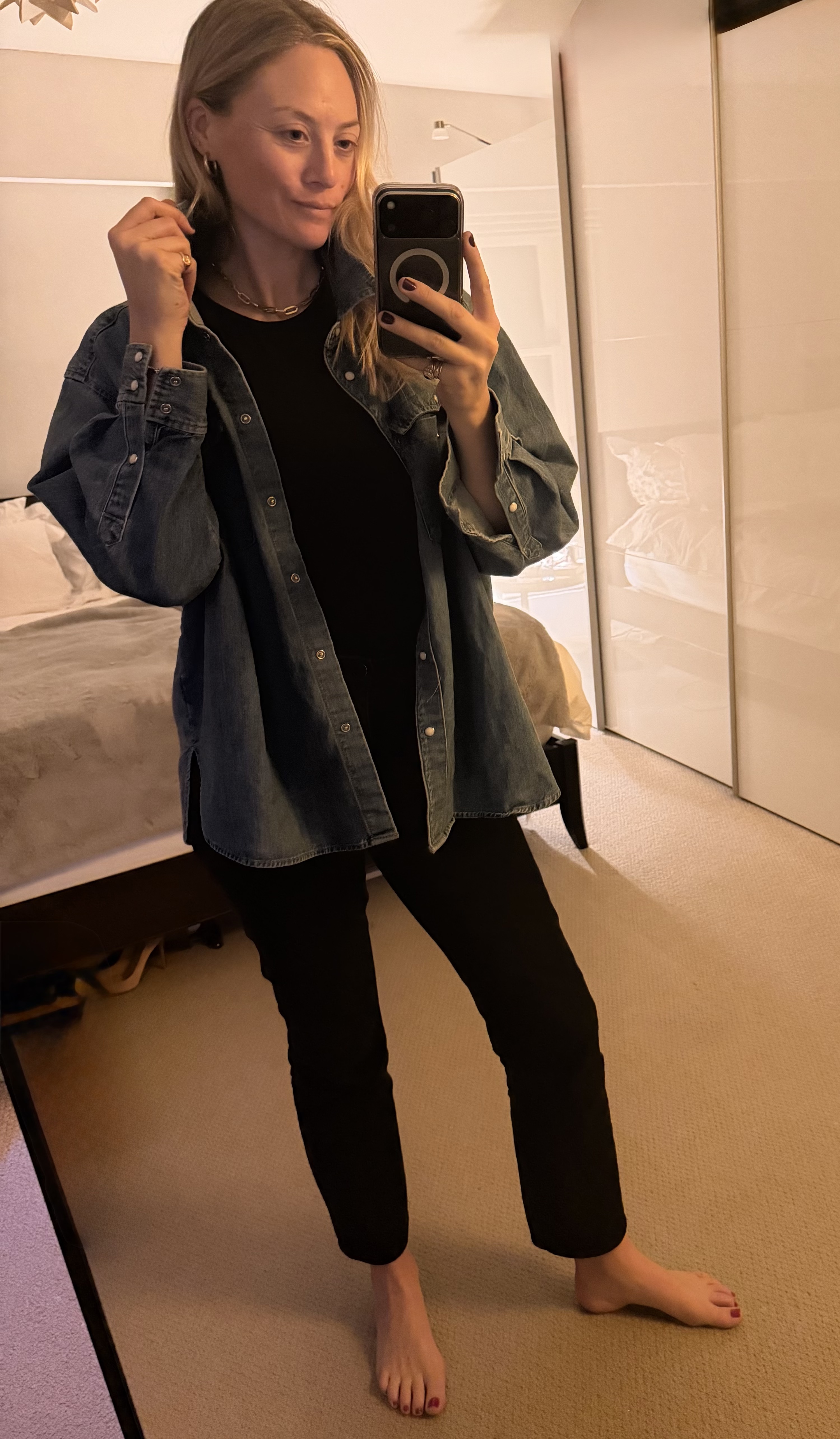 Brooke Ely Danielson styles medium wash denim with dark denim