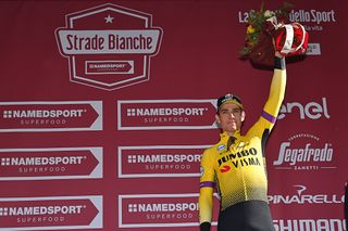 Wout Van Aert on the 2019 Strade Bianche podium