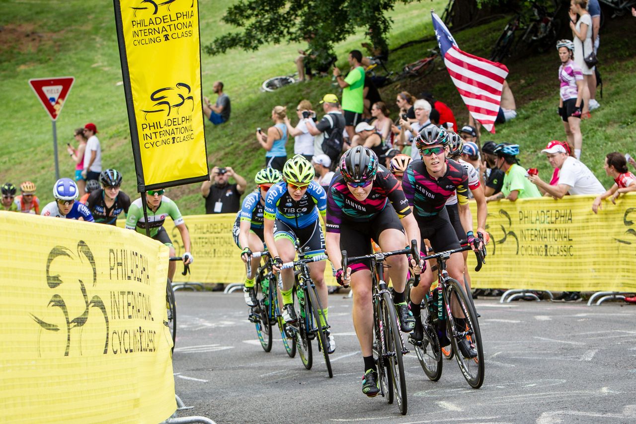 Canyon-SRAM riders work over the climb to bring back a break