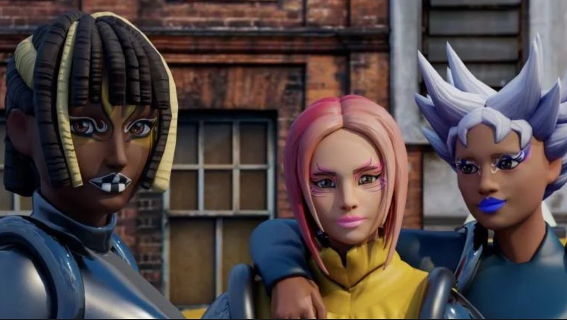 Three female avatars in cyberpunk-style clothing