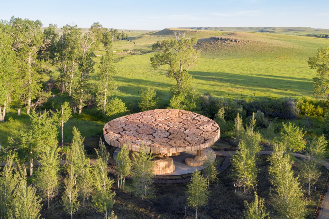 A structure built with vertical bundles of untreated lodgepole pine logs in an open green space with trees