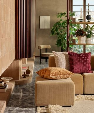 Red and gold throw pillows on a beige sofa beside a fireplace; in the background; a houseplant and shelves.