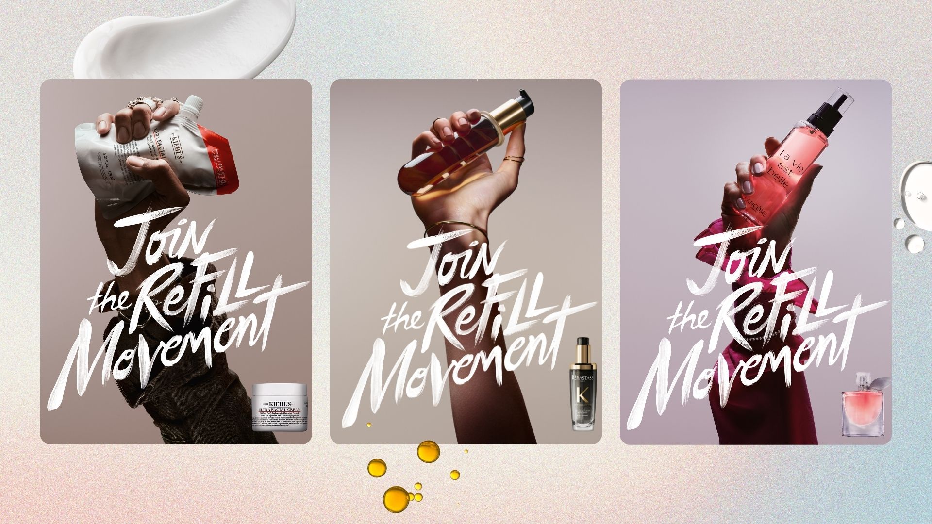 L'Oreal's refillable products being held in the air with the words 'Join the refill movement' written across