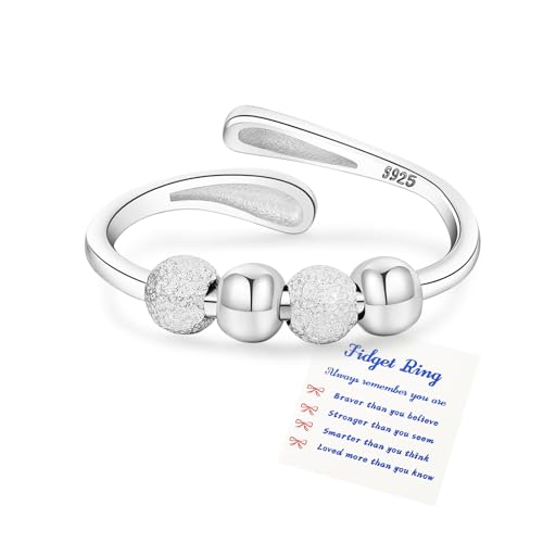 Senteria Anxiety Rings for Women Sterling Silver Rings Adjustable Stress Spinner Rings With Beads Fidget Rings for Anxiety Women