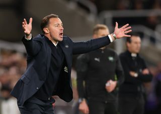 Matthias Jaissle, Manager of Newcastle United, reacts during the Premier League 2026/27 match against Aston Villa