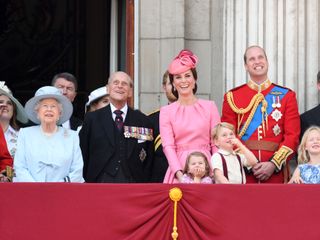 Queen Elizabeth II, Prince Philip, Duke of Edinburgh, Catherine, Duchess of Cambridge, Princess Charlotte of Cambridge, Prince George of Cambridge and Prince William at Trooping the Colour