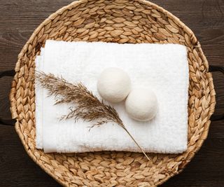 wool dryer balls on a towel