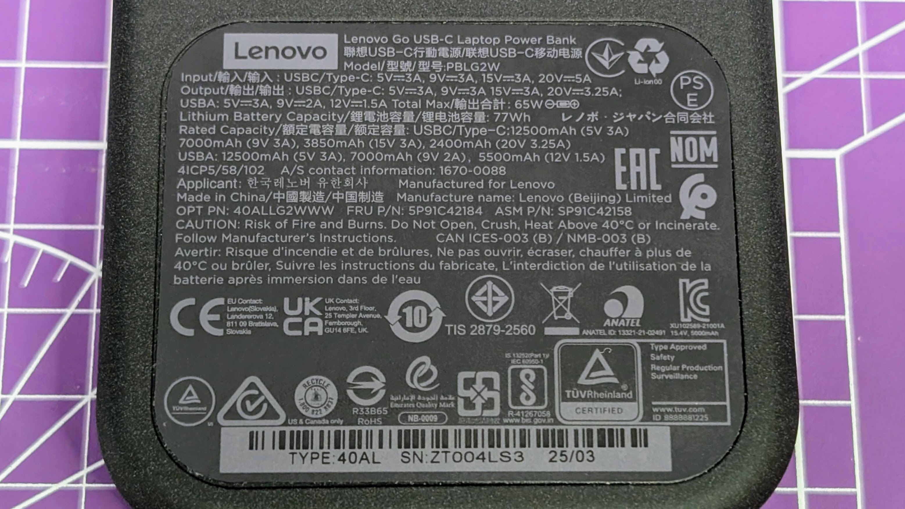 Lenovo Go USB-C laptop power bank specs close up