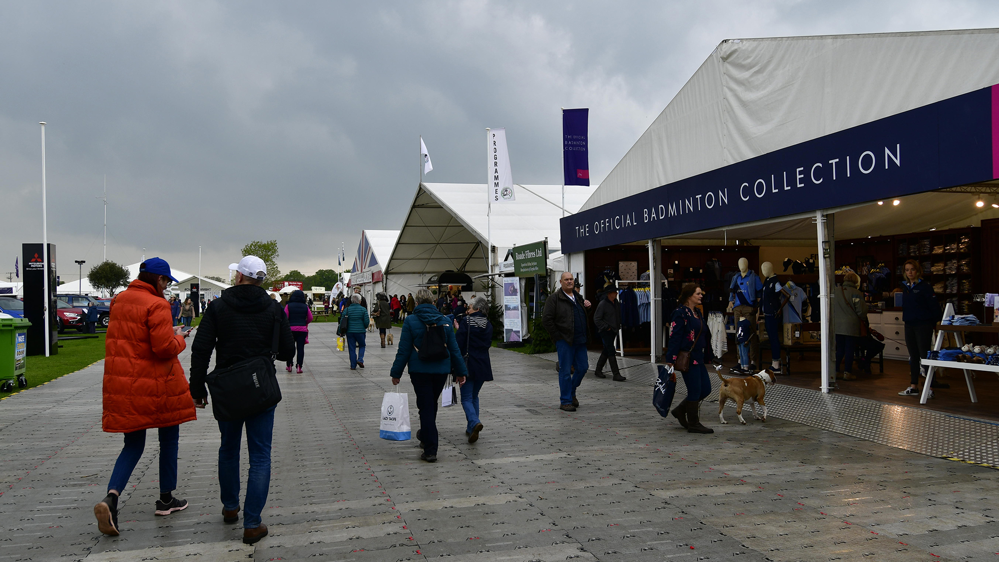 Shopping stands at Badminton Horse Trials, including the Official Badminton Merchandise stand